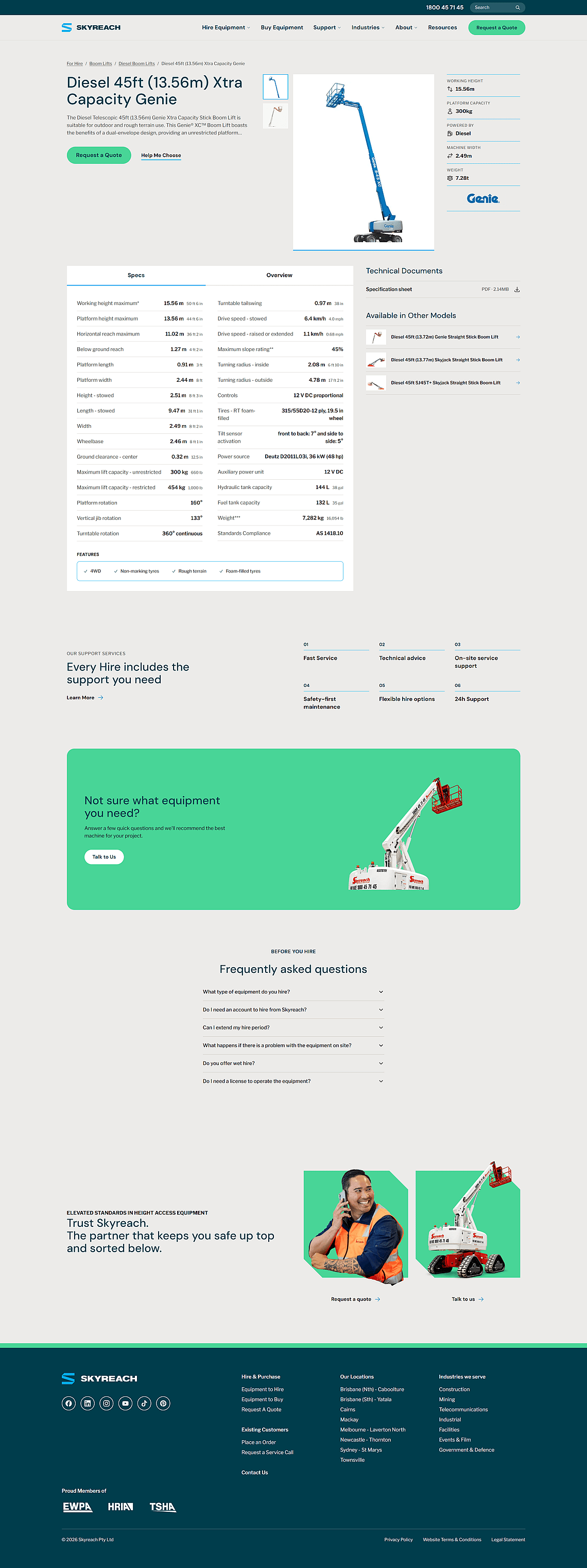 A Skyreach machine page, with key specs, the quote button, the specification table and the spec sheet download