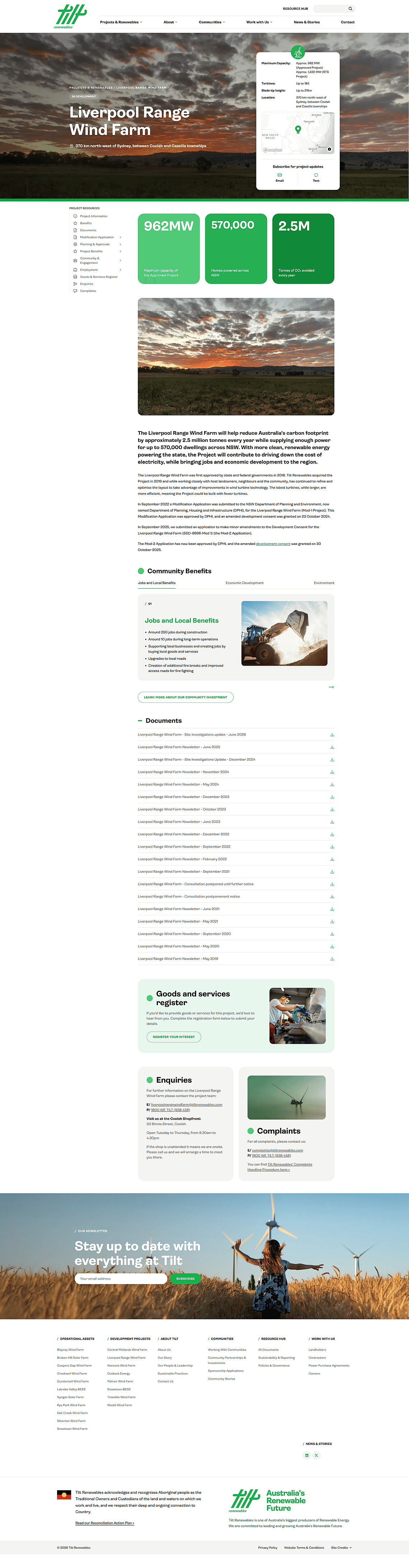 The Liverpool Range Wind Farm project page, with key facts, a location map, project stats and the project sidebar
