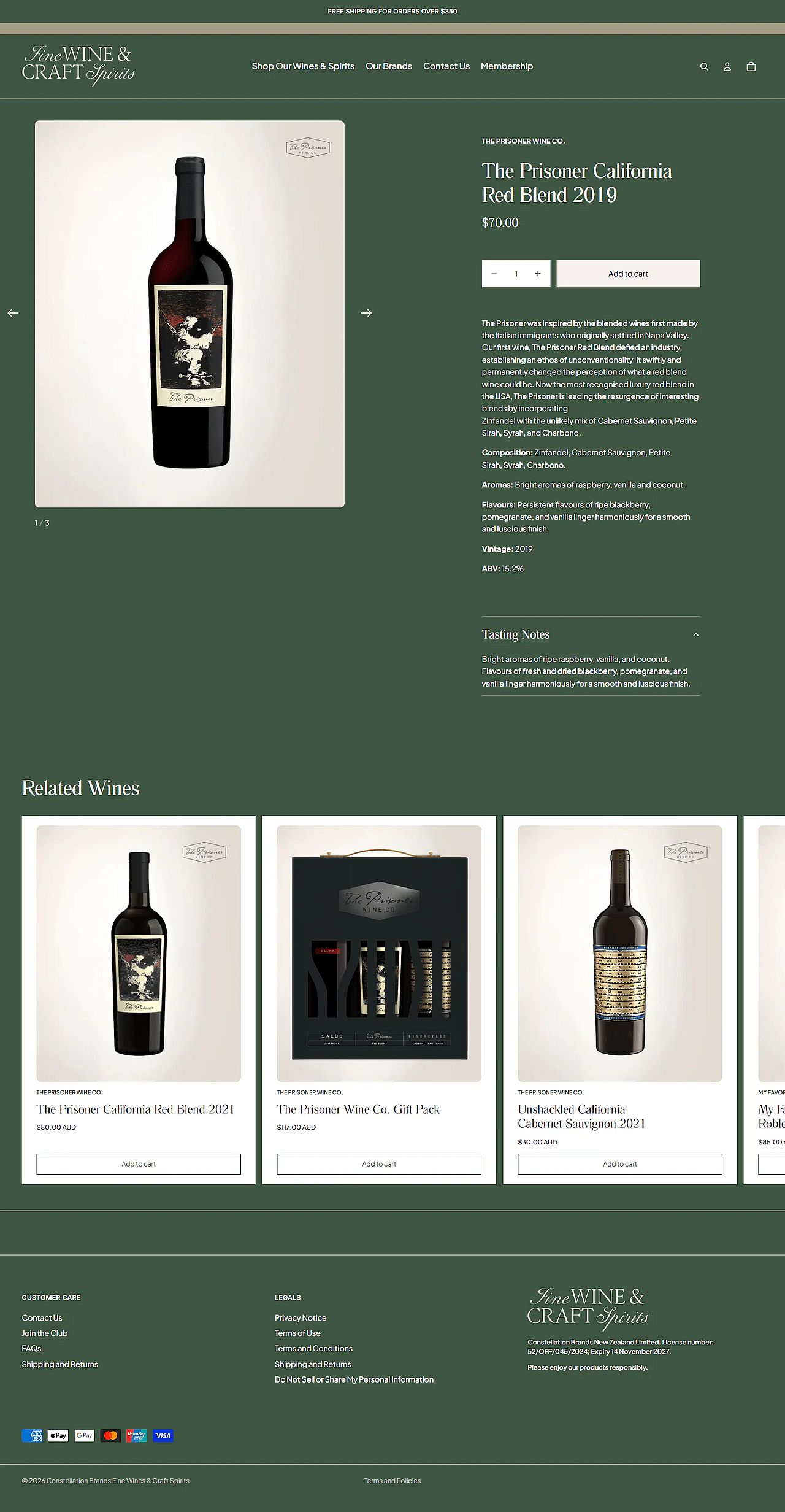 The Prisoner California Red Blend product page, with the bottle, price, add to cart and the wine details