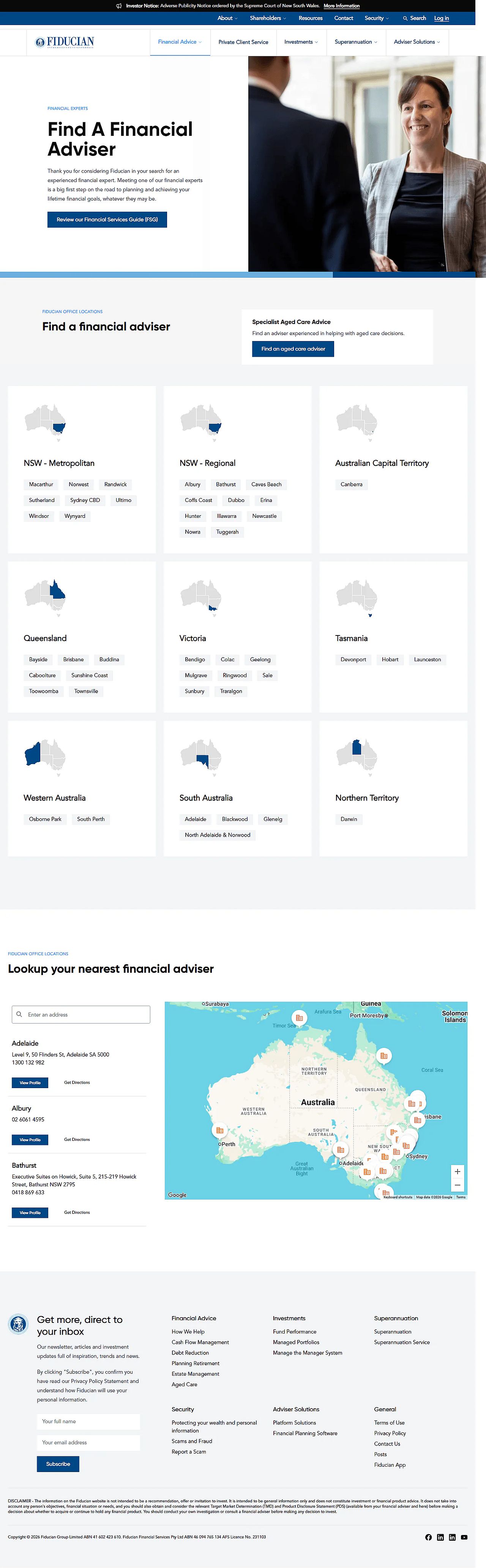 The Find a Financial Adviser page, with offices grouped by state and the map search