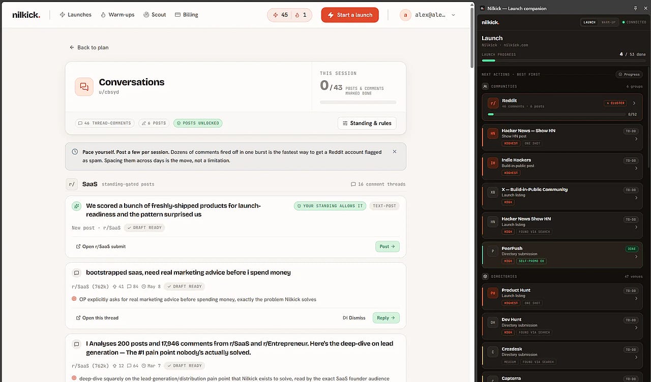 The Nilkick Chrome side panel open beside the Conversations queue in the web app