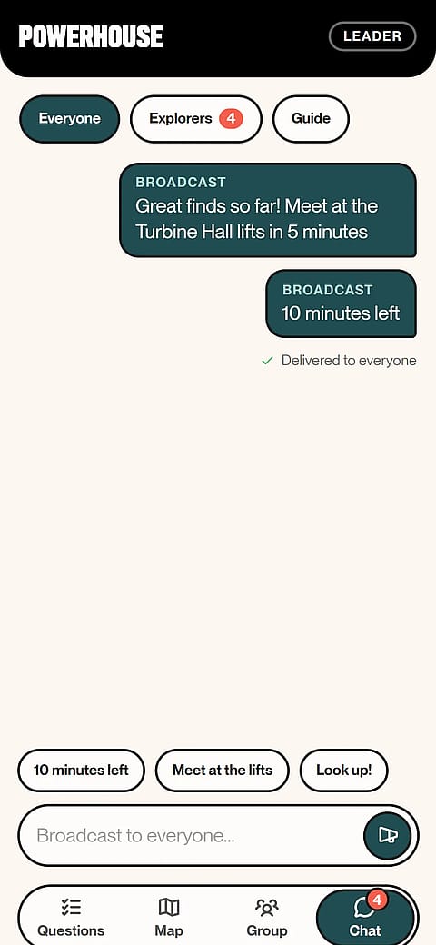 The teacher broadcast chat, with quick messages to the whole group