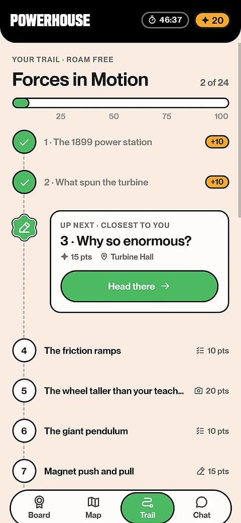 A student trail in the app, with completed stops, points and the next question