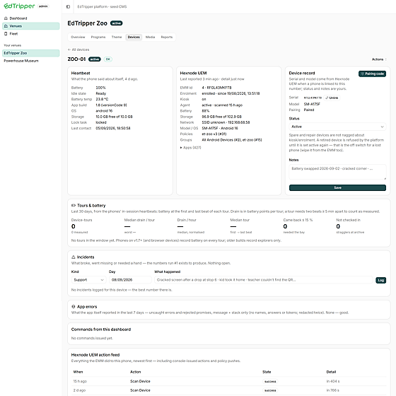 A device page in the Edtripper fleet cockpit, with heartbeat, MDM status and incidents