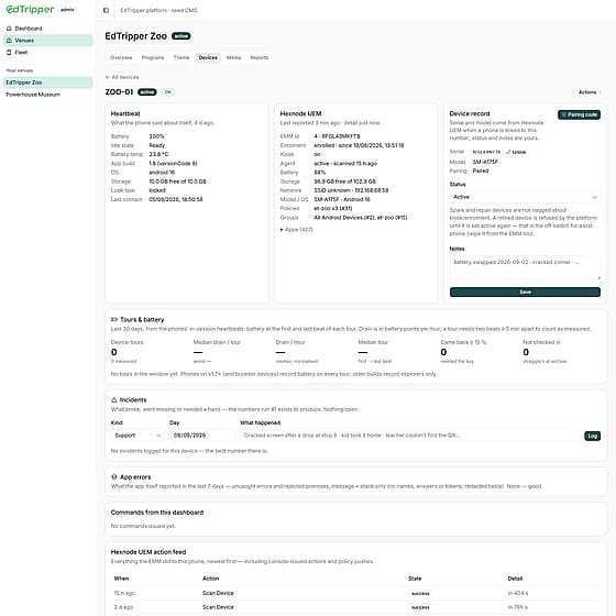 A device page in the Edtripper fleet cockpit, with heartbeat, MDM status and incidents