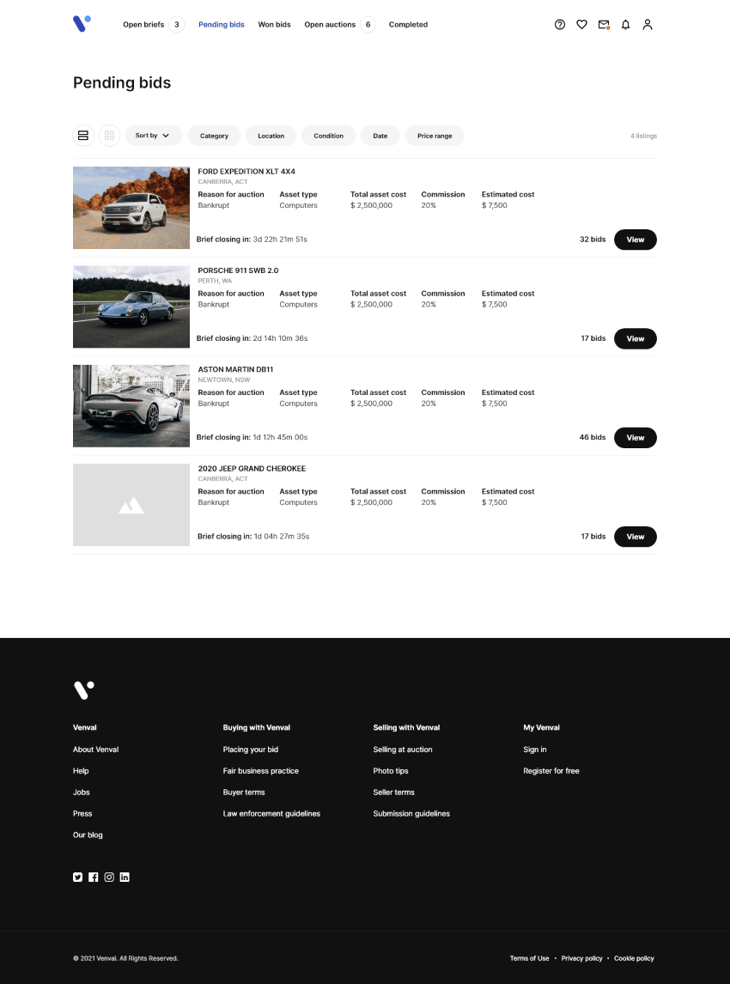 Venval Pending Bids Screenshot