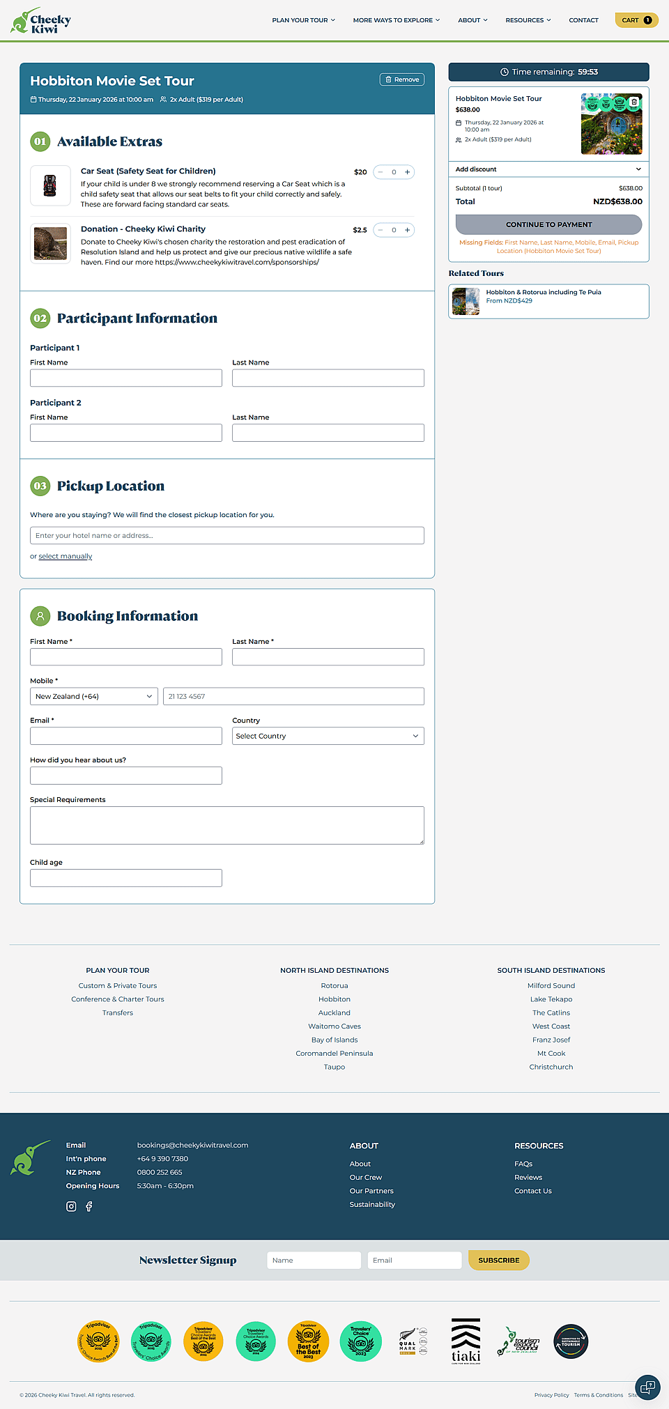 Cheeky Kiwi Travel Cart Page Screenshot