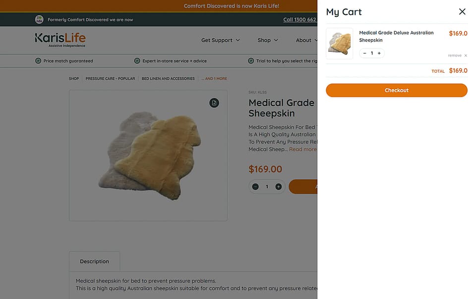 The Karis Life cart before it hands over to Shopify checkout