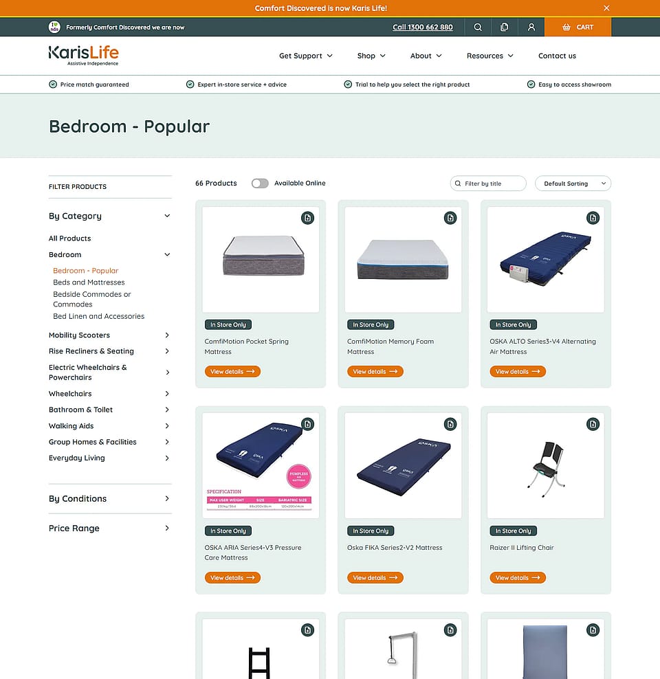 A Karis Life product page with variants, stock and add to cart