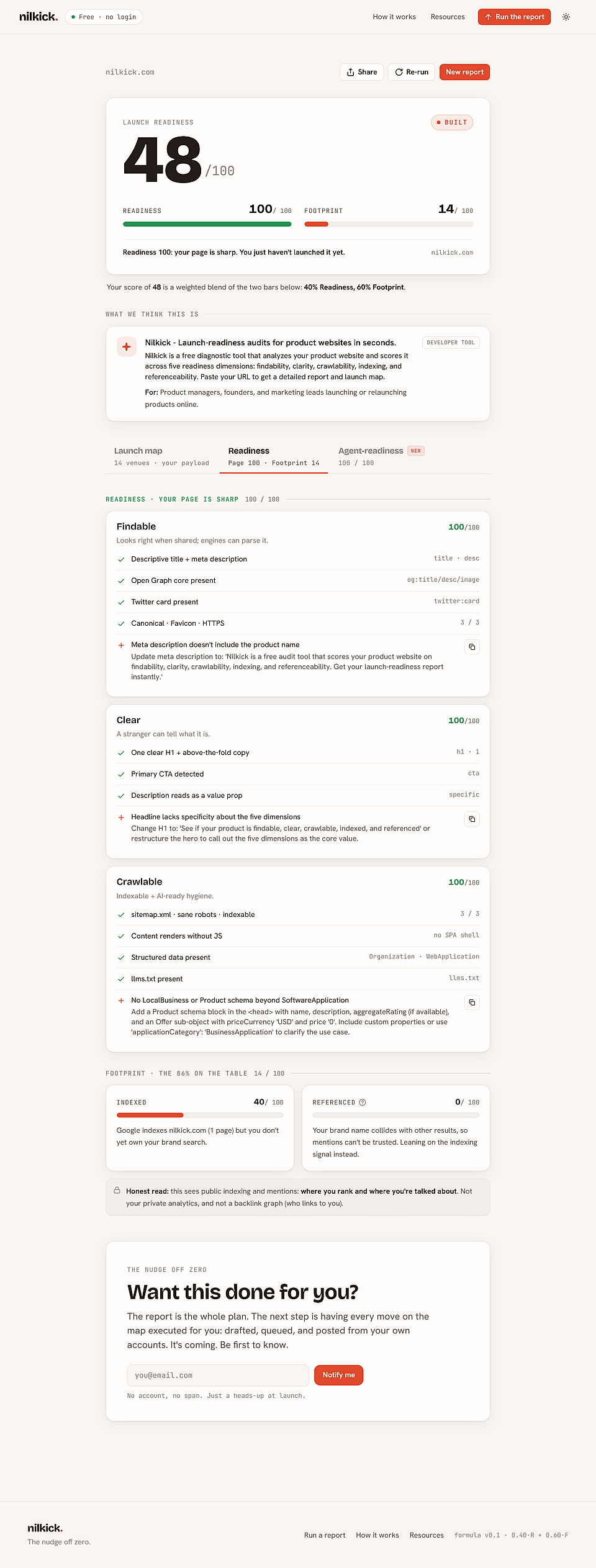 Nilkick Launch-Readiness Report Screenshot