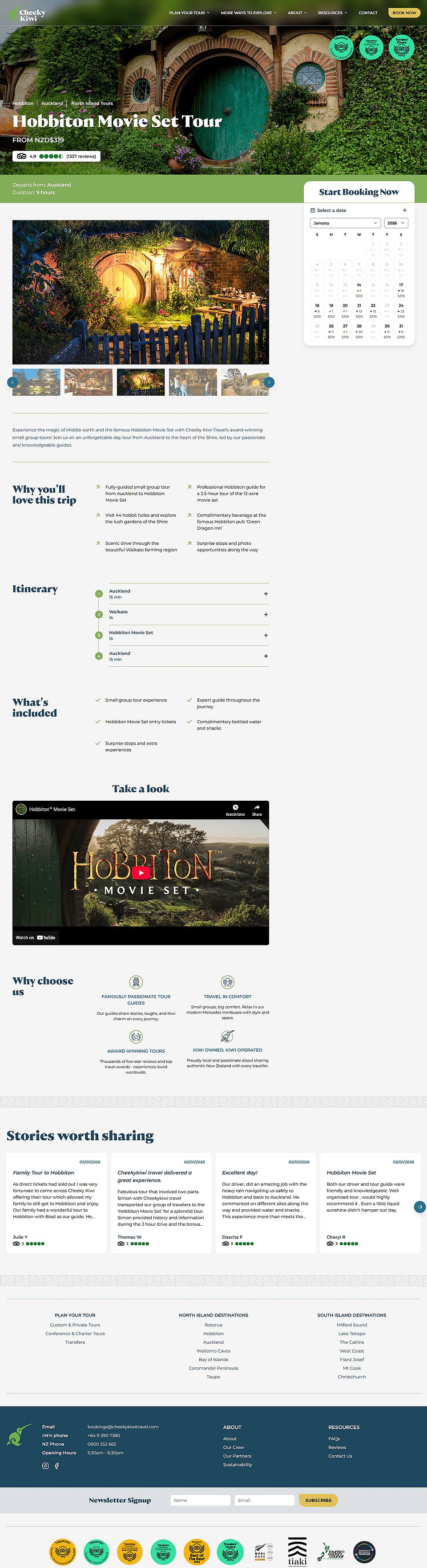 A Cheeky Kiwi tour page with dates, pricing and the booking calendar