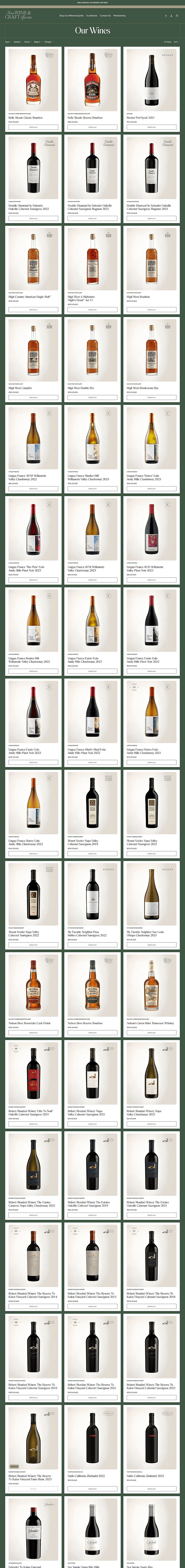 The Our Wines collection page, a grid of bottles from Double Diamond, High West, Lingua Franca and Robert Mondavi