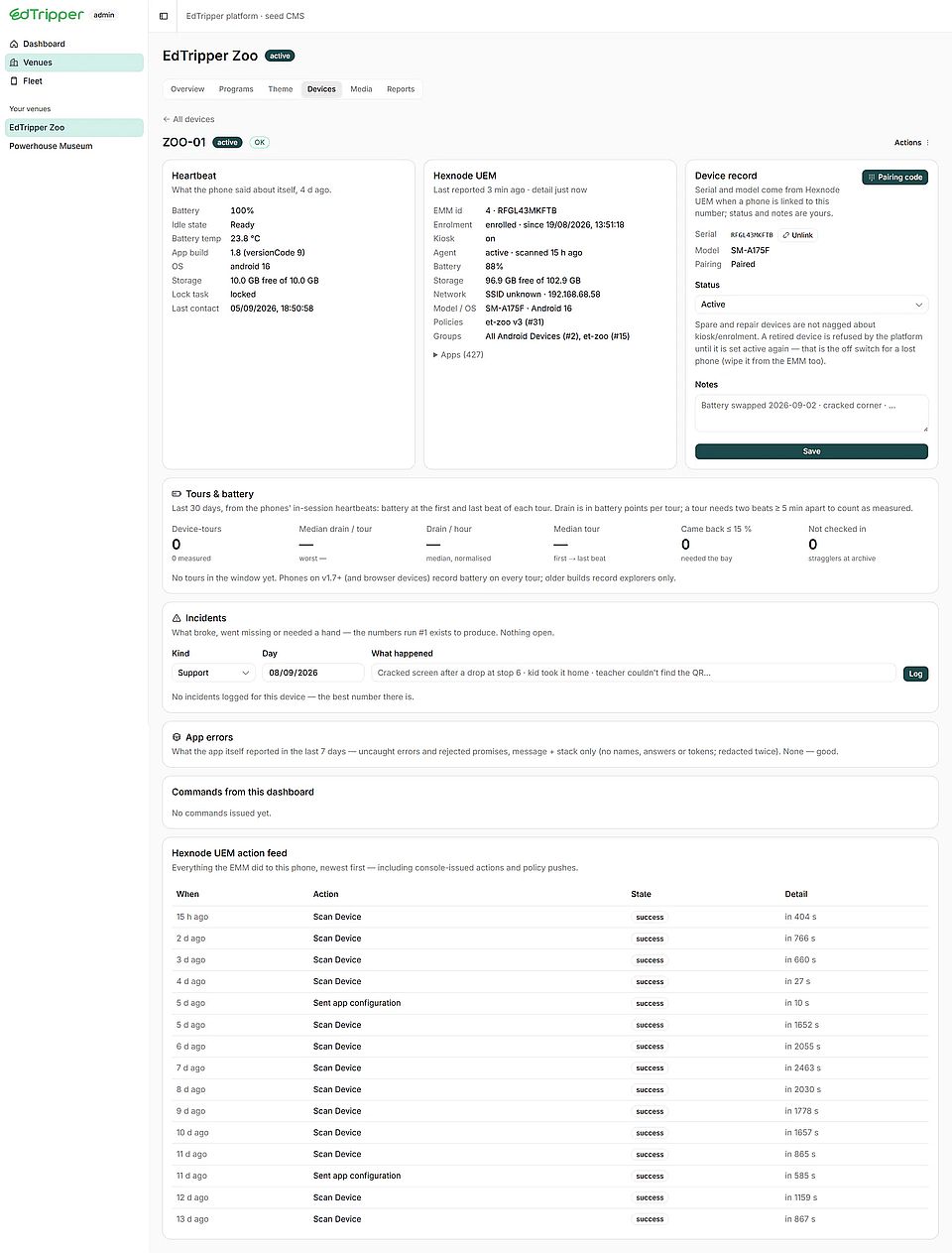 A device page in the fleet cockpit, with heartbeat, MDM status, incidents and the action feed