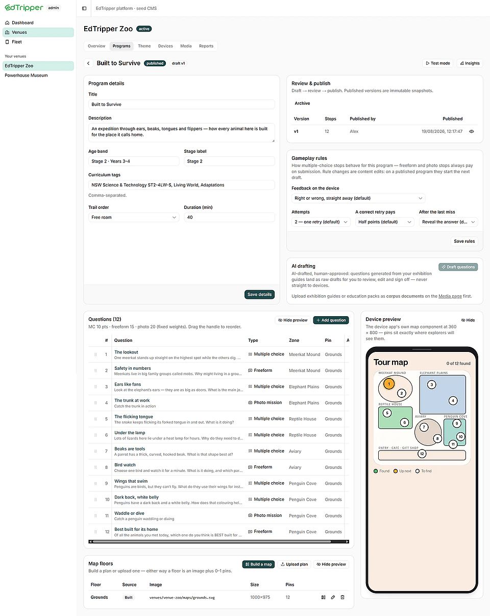 A venue programme in the Edtripper CMS, with questions, gameplay rules, AI drafting and a device preview of the map