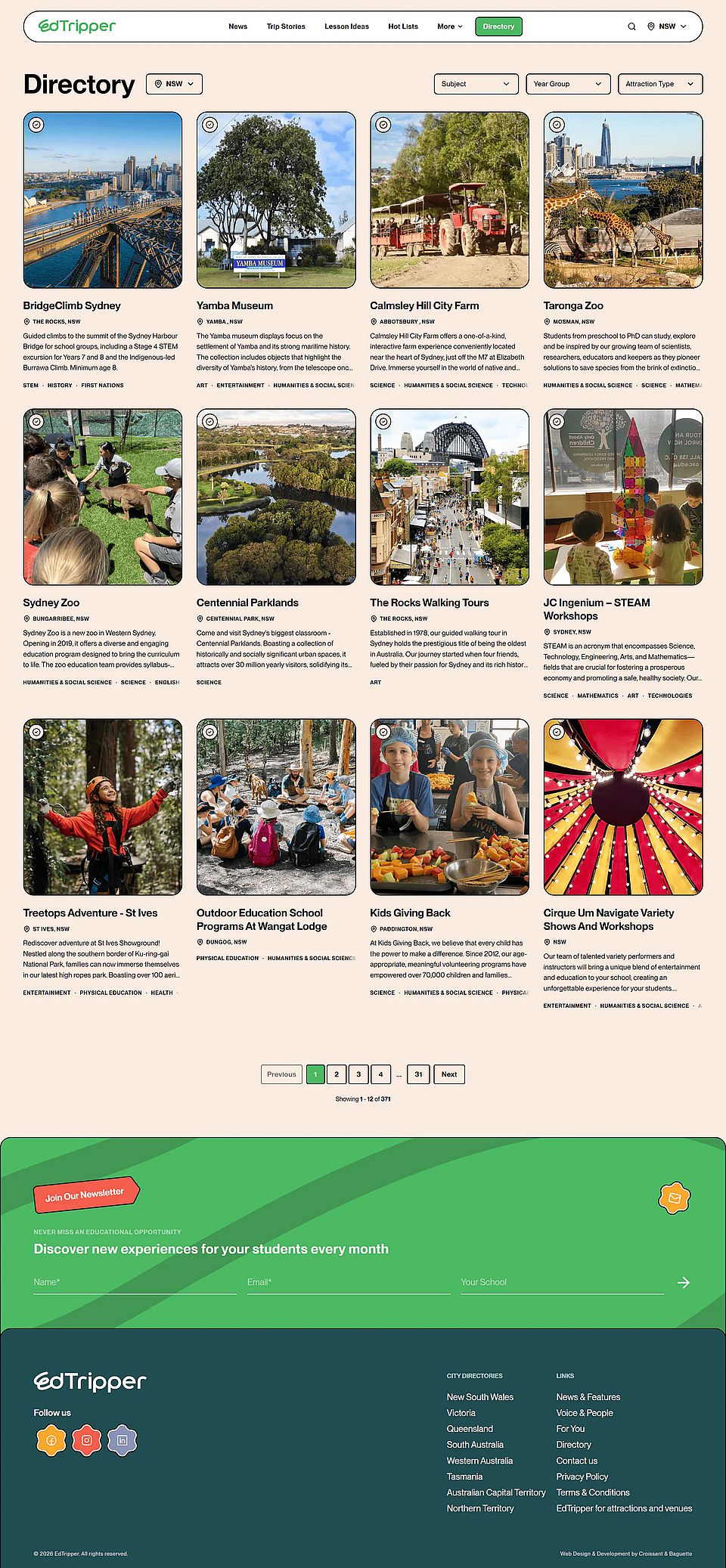 The Edtripper directory filtered to New South Wales, showing venue cards with subjects and locations