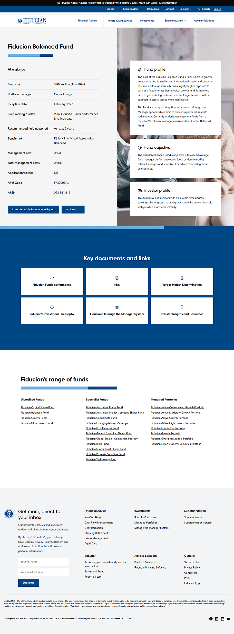 The Fiducian Balanced Fund page, with fund size and the monthly report dropdown