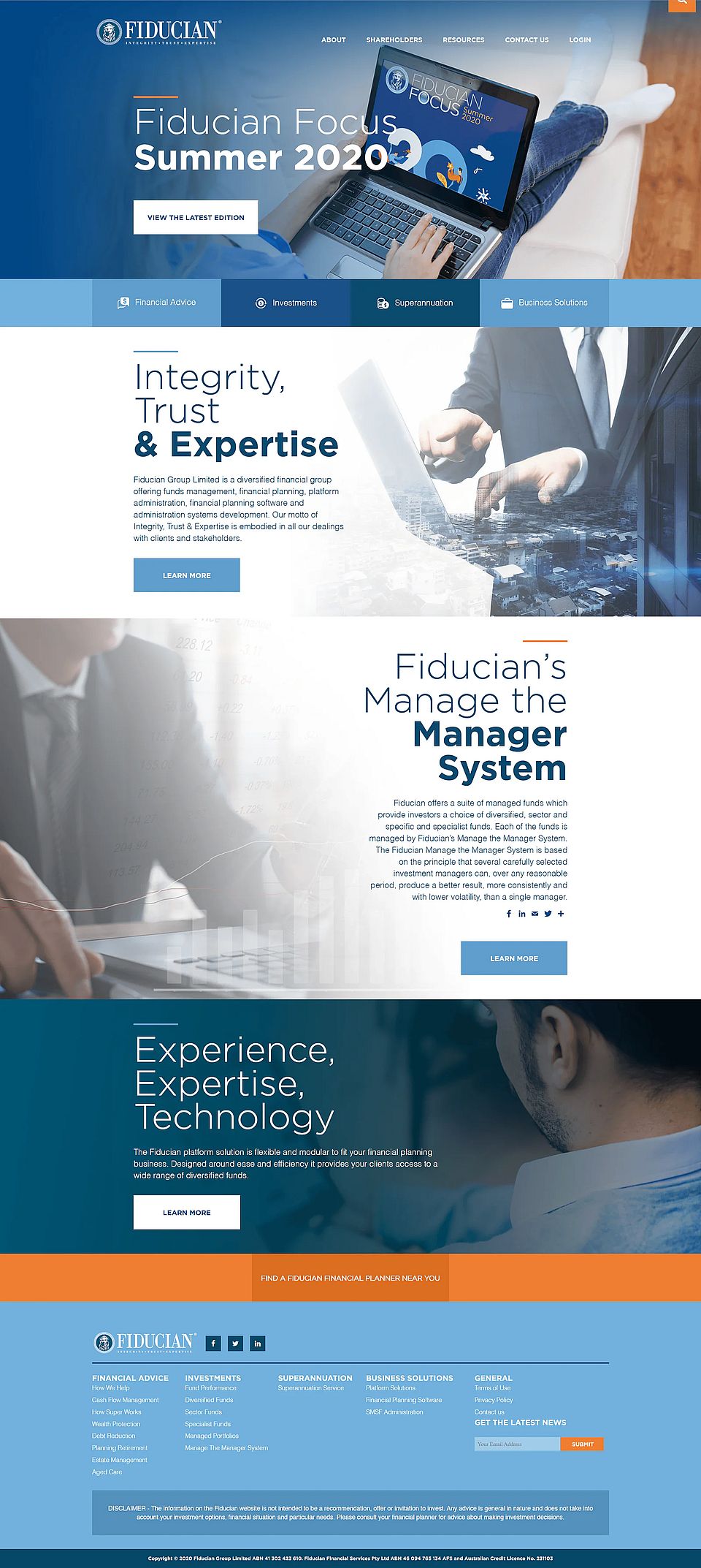 The 2020 Fiducian WordPress homepage, with a Fiducian Focus magazine hero and stock photography