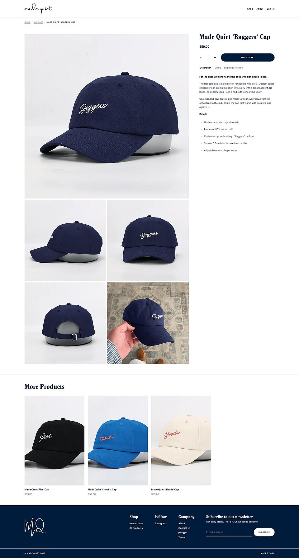 A Made Quiet product page with variants, add to cart and reviews