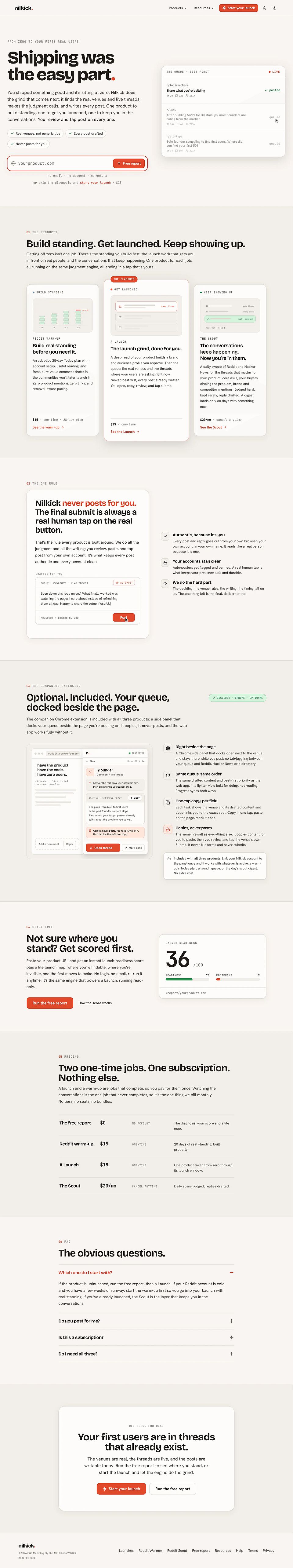 The nilkick.com homepage, headline Shipping was the easy part, with the free report form