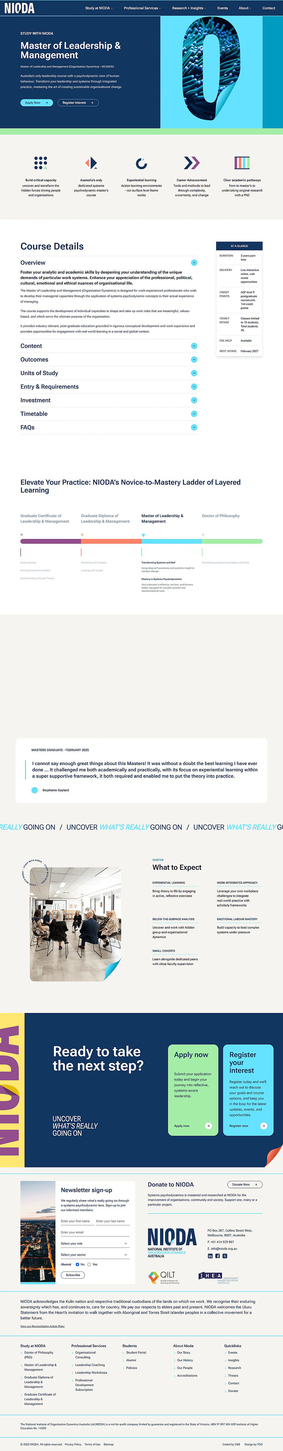The Master of Leadership and Management page, with course details, the at-a-glance panel and the ladder of programmes