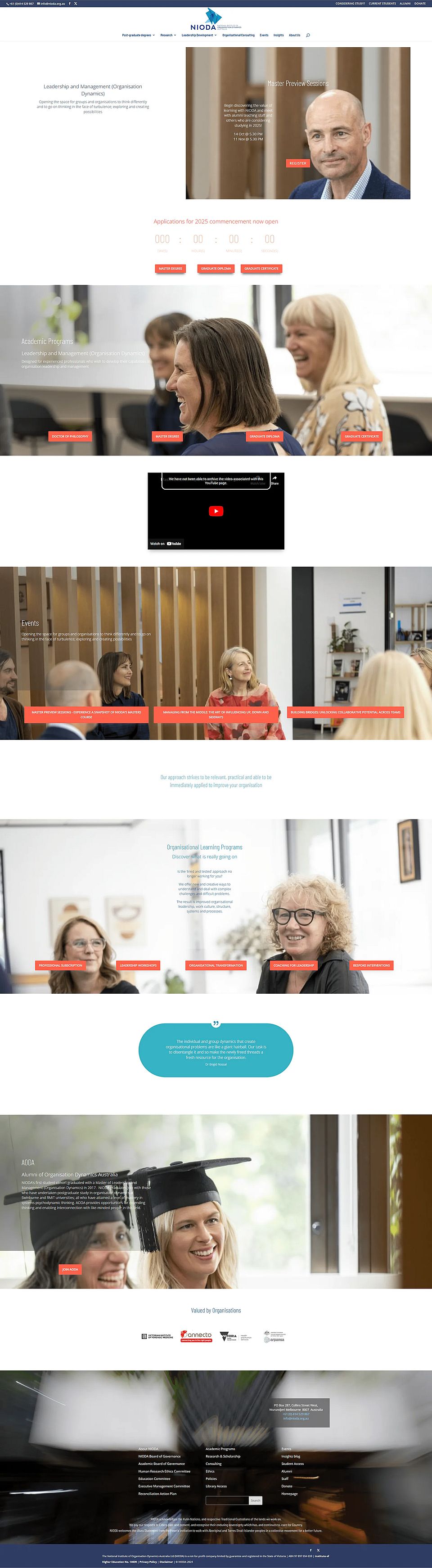 The old NIODA WordPress homepage, with a countdown timer, stacked photo banners and red buttons
