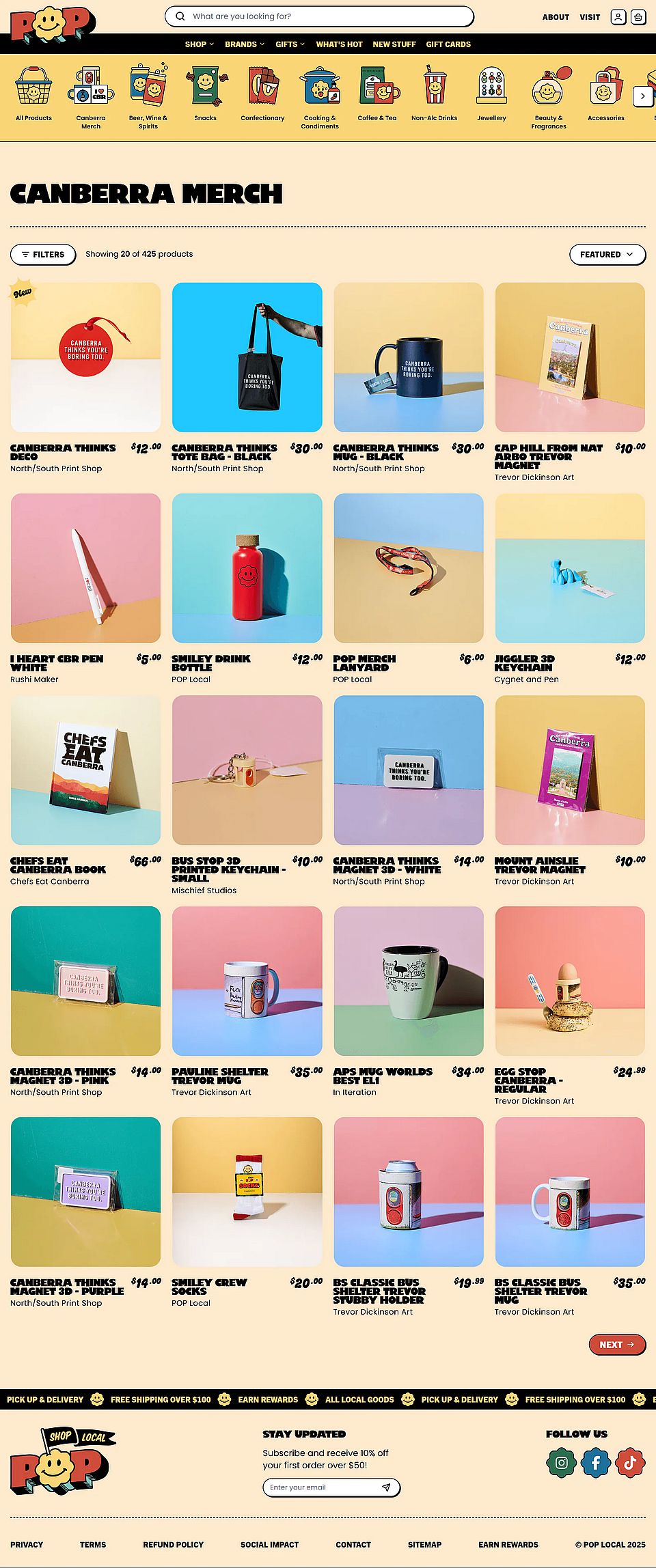 A POP Local category page with product cards and filters by maker and type