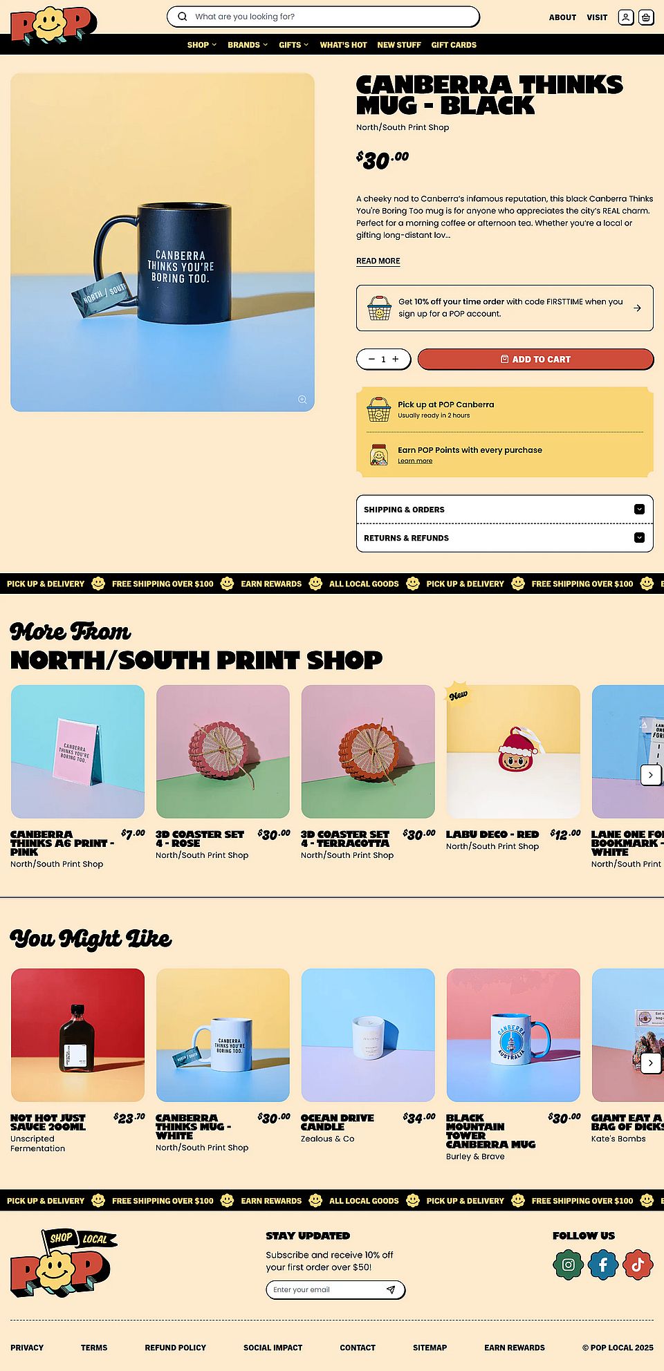 A POP Local product page with variants, maker details and reviews
