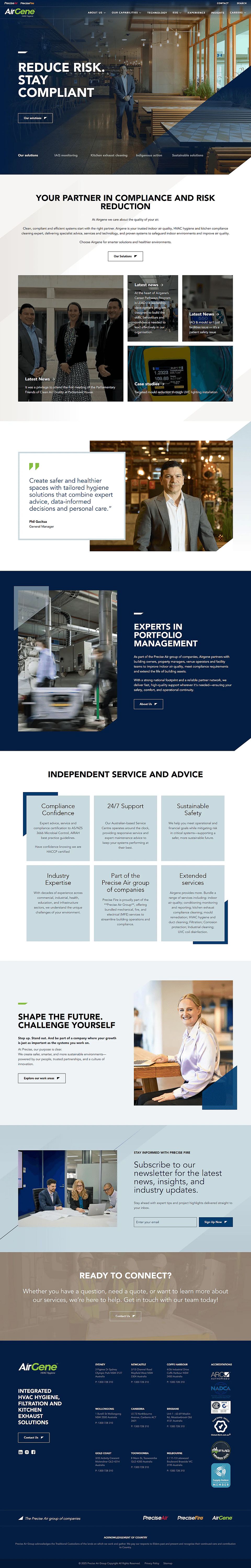 The AirGene homepage, the same layout in green, with air hygiene and compliance content
