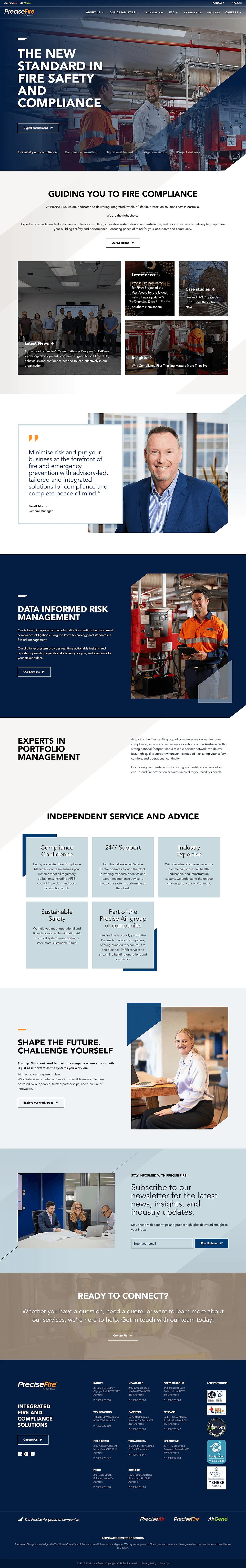 The Precise Fire homepage, the same layout in orange, with fire safety and compliance content
