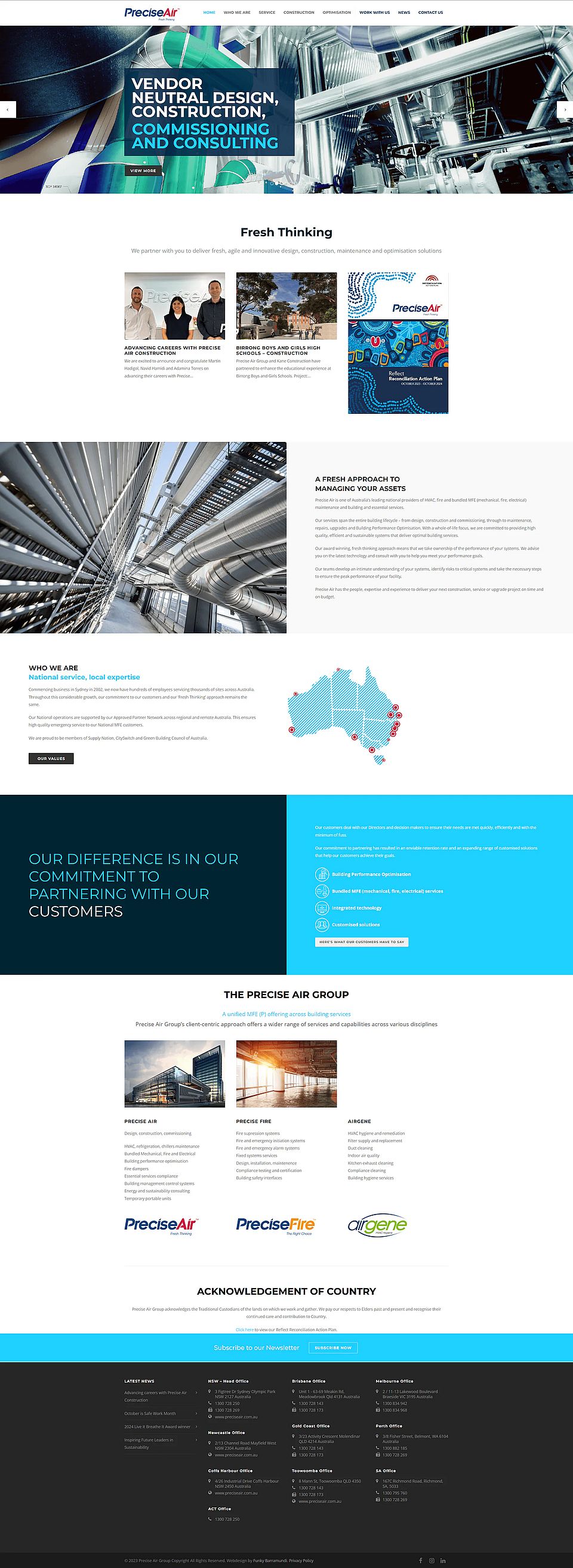 The old Precise Air WordPress homepage, with a pipework hero slideshow and a three-column group section