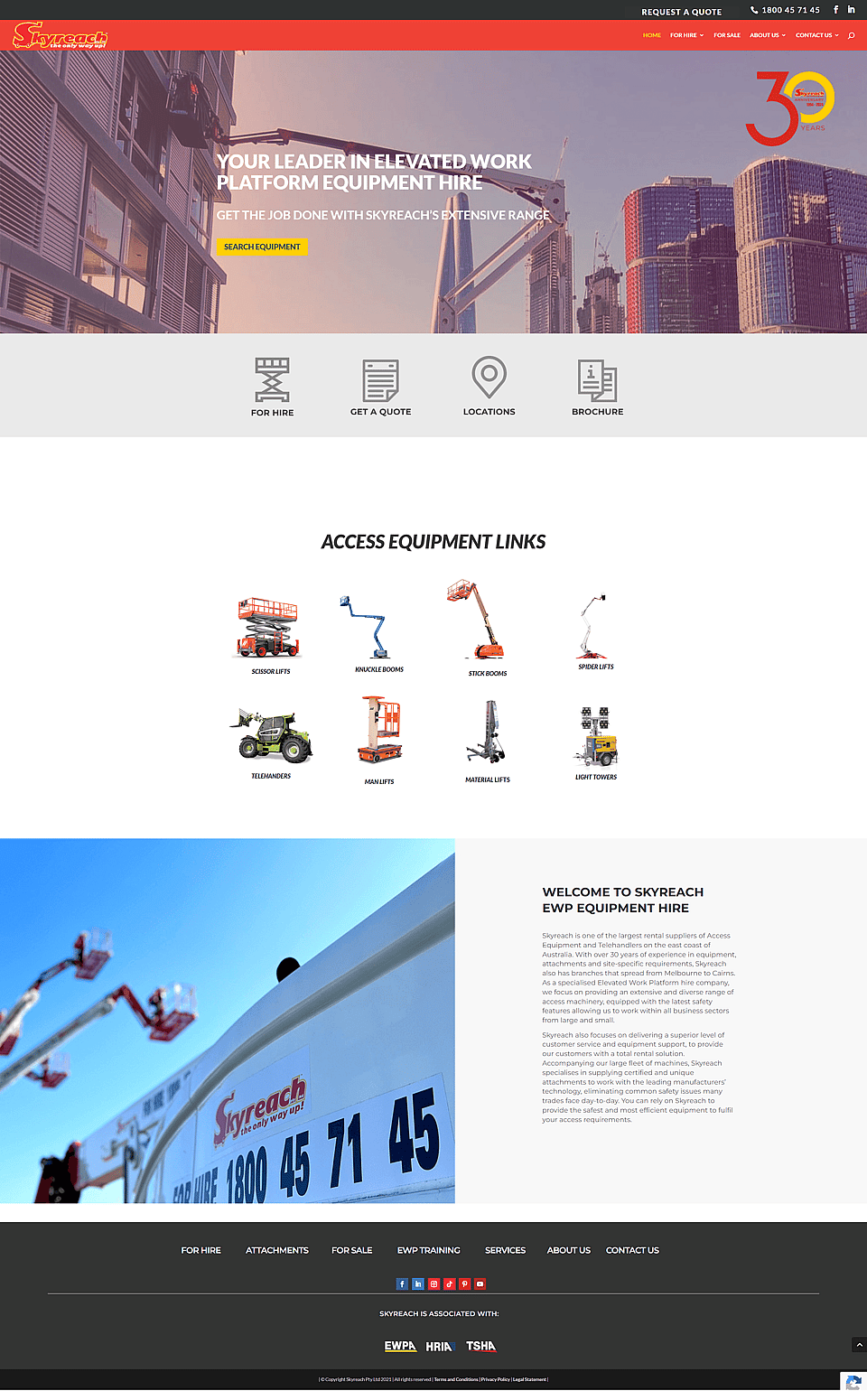 The old Skyreach homepage on WordPress, with a dark hero and four icon links