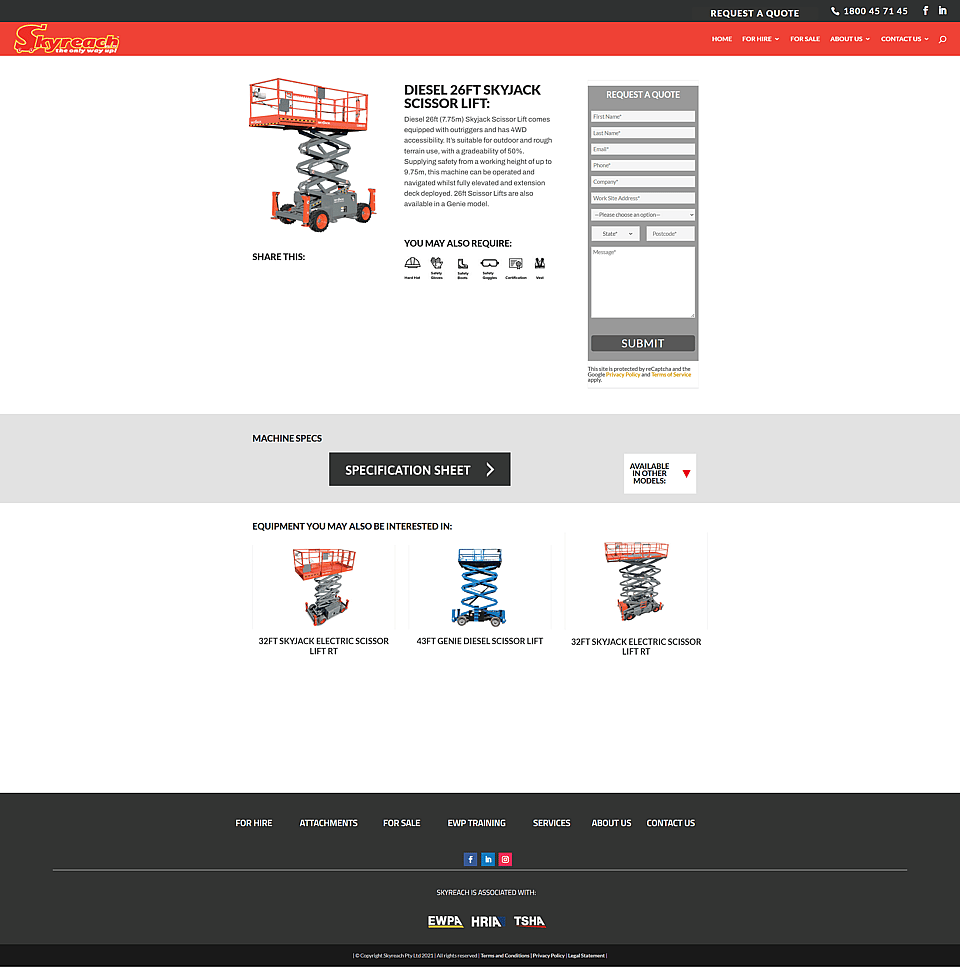 The old Skyreach scissor lift page, with a small photo, a paragraph and a quote form