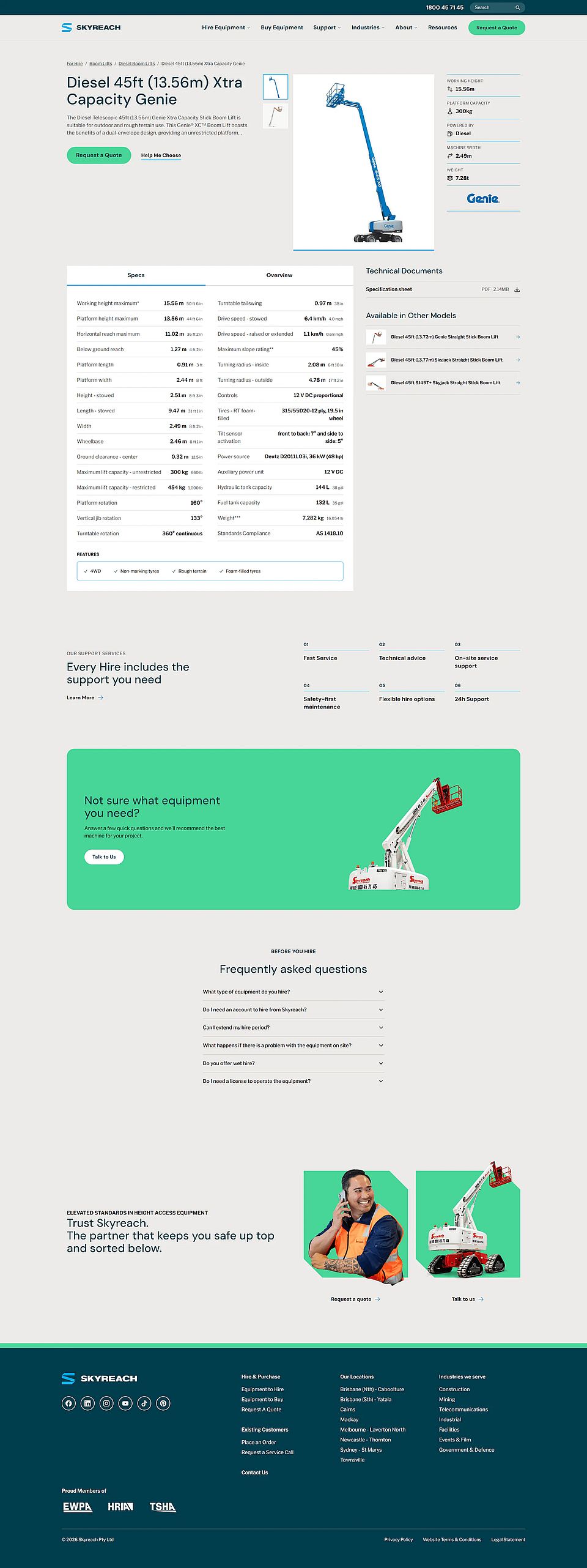 A Skyreach machine page, with key specs, the quote button, the specification table and the spec sheet download