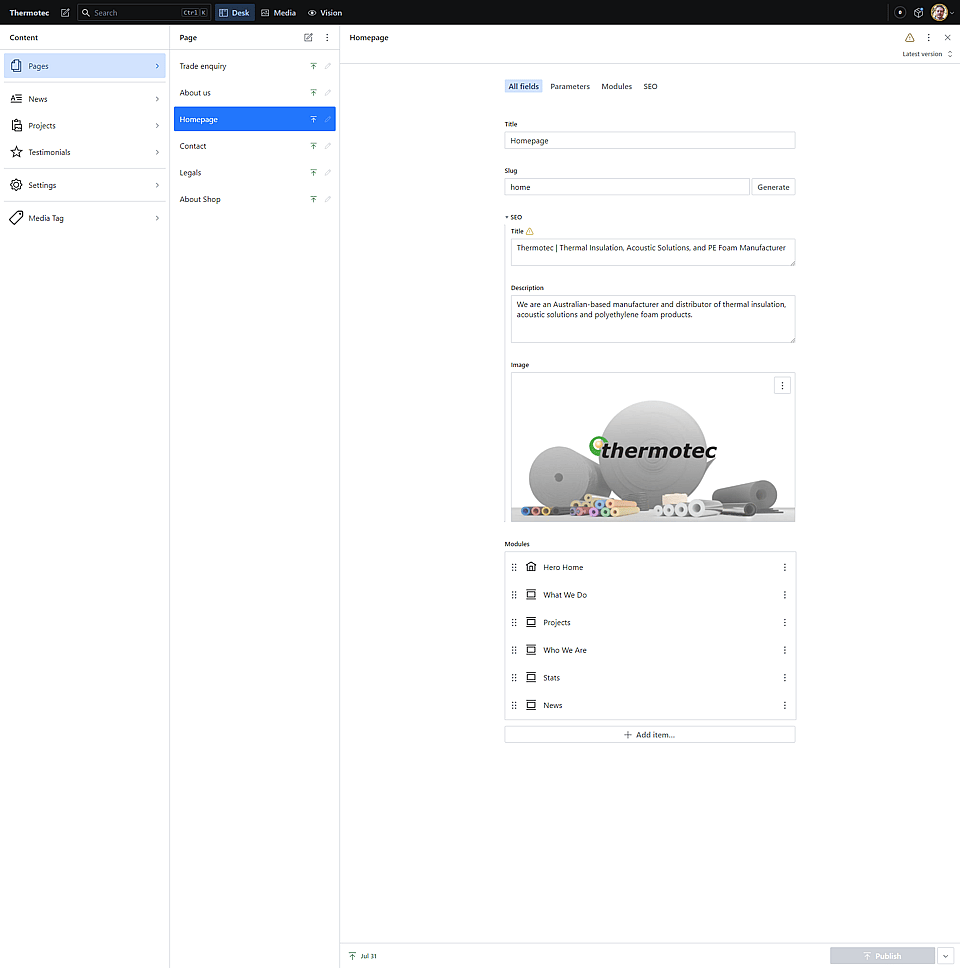 Thermotec Sanity Studio Screenshot