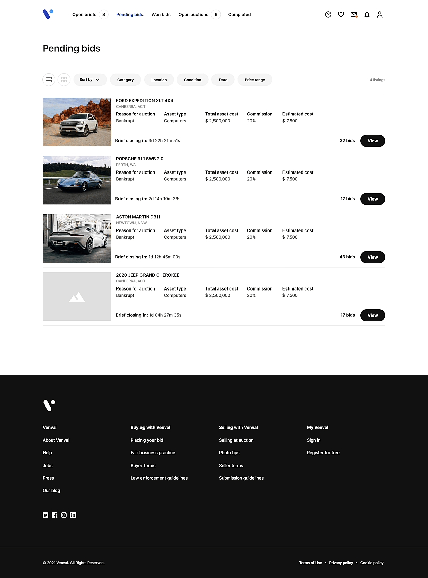 Venval Pending Bids Screenshot